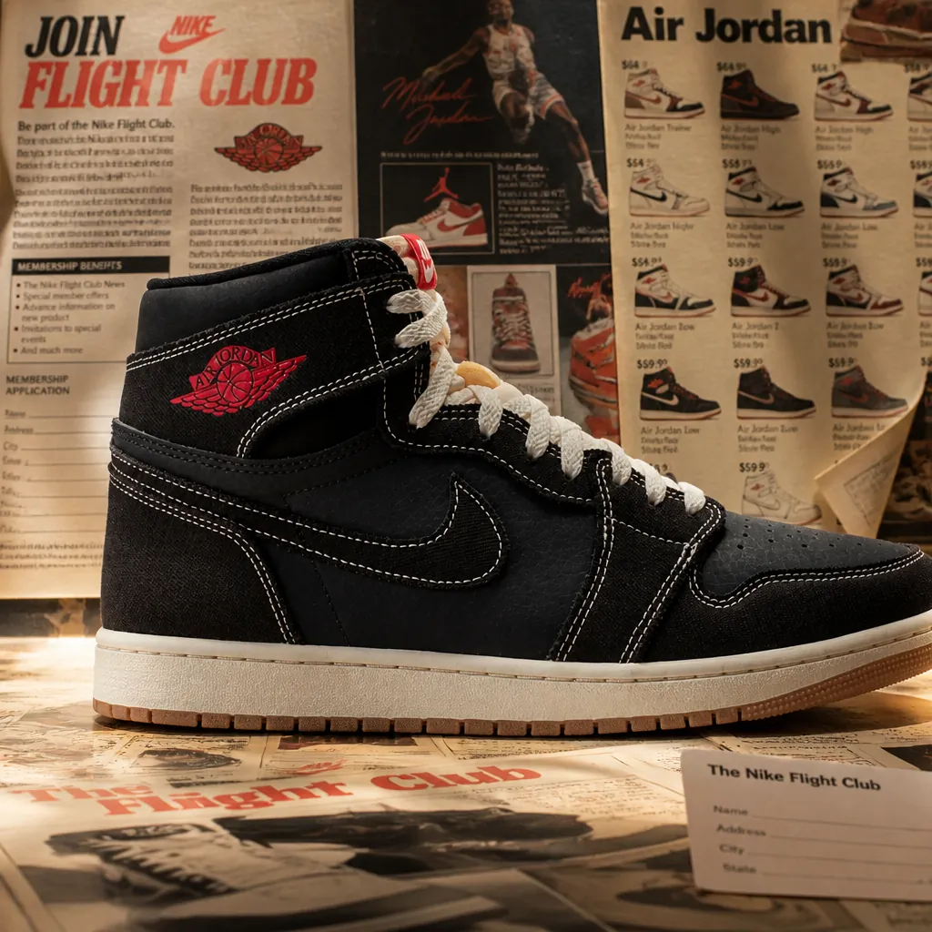 Vintage magazine clippings and catalog pages showing the original 1980s Flight Club mail-in membership program with classic Nike catalog aesthetic and nostalgic color grading