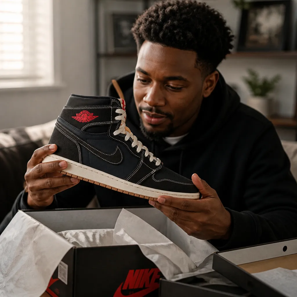 Modern interpretation showing someone unboxing Flight Club sneakers with excitement, bridging nostalgic story with present-day purchase experience