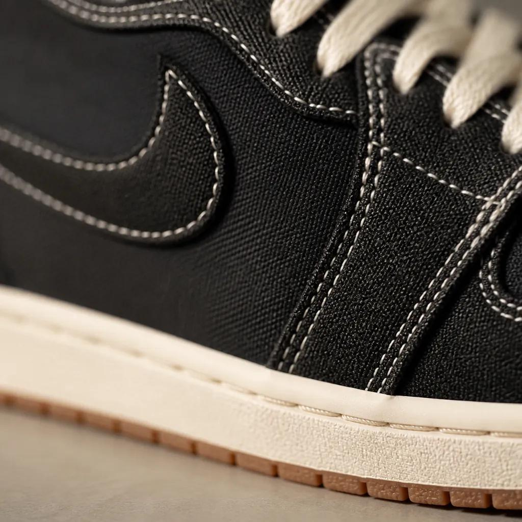 Close-up detail shot of premium black woven textile upper material showing intricate weave pattern and texture quality