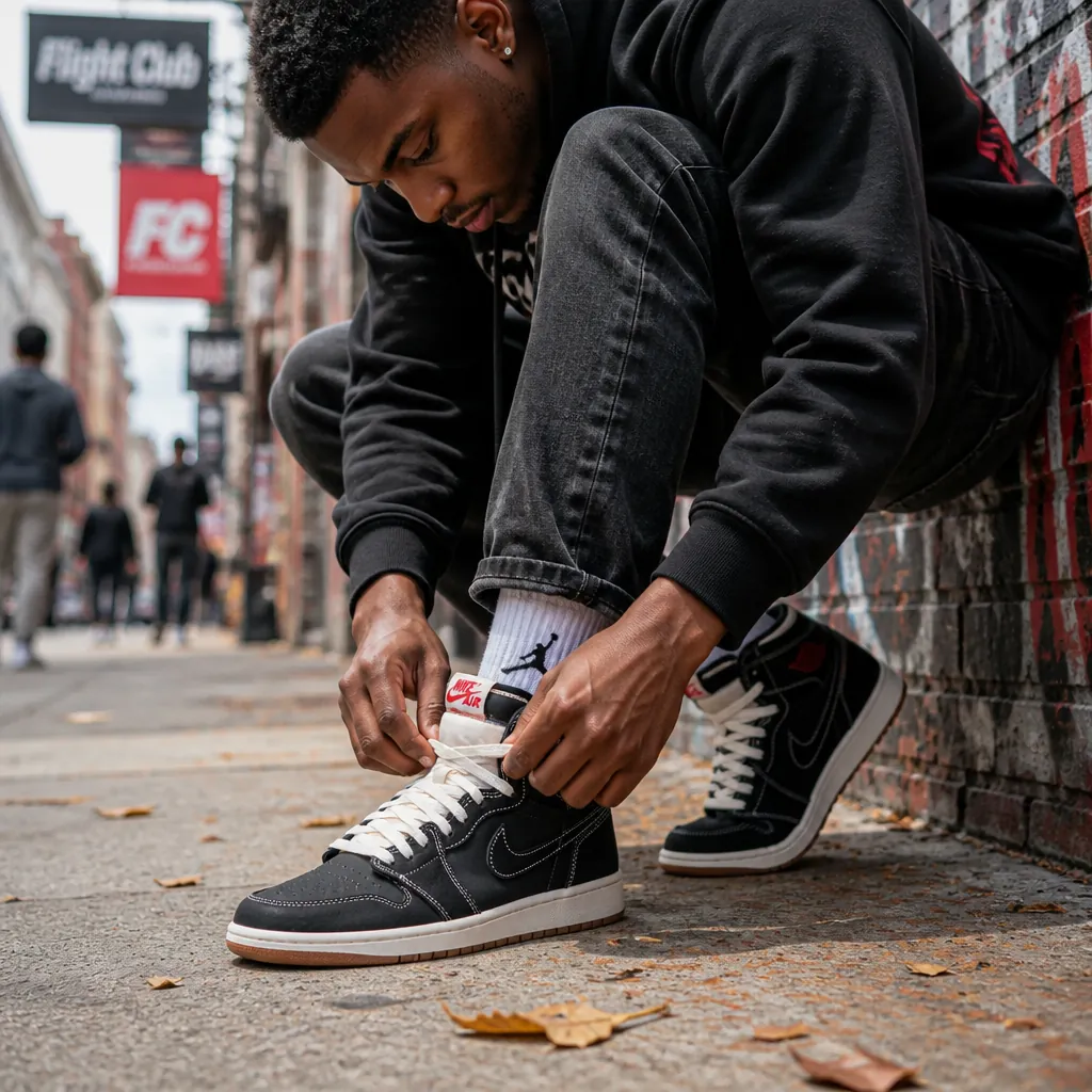 Urban street scene with Air Jordan Flight Club sneakers in setting that captures premium sneaker culture and street style