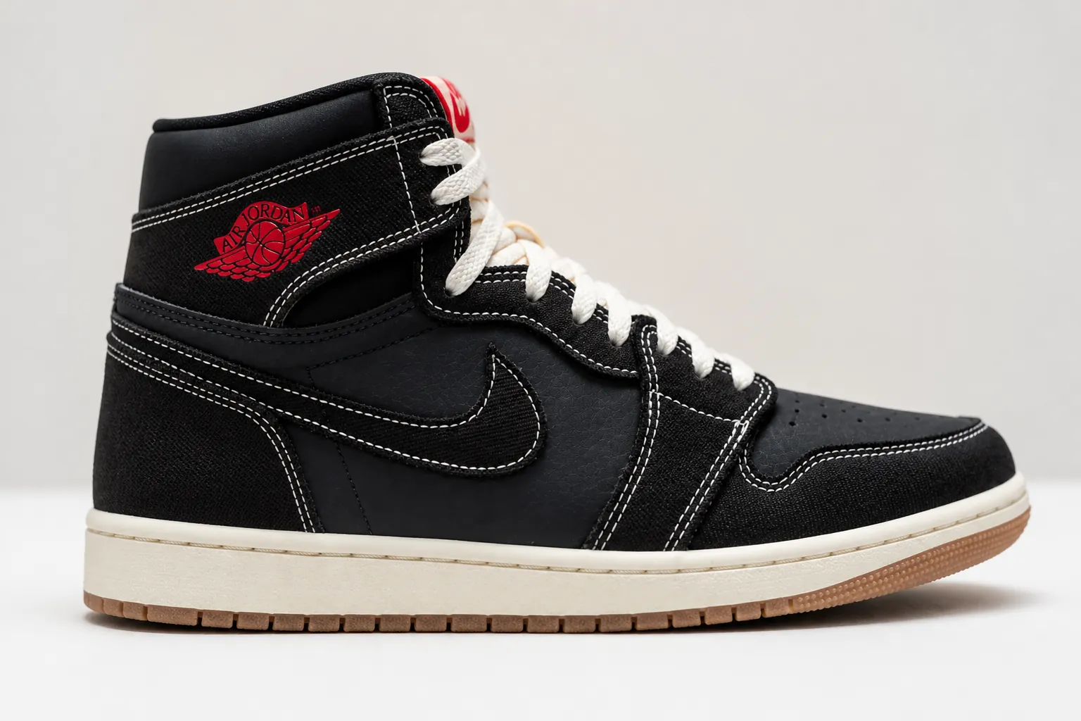 Modern interpretation of the Air Jordan 1 Flight Club featuring premium black woven textile with dramatic studio lighting