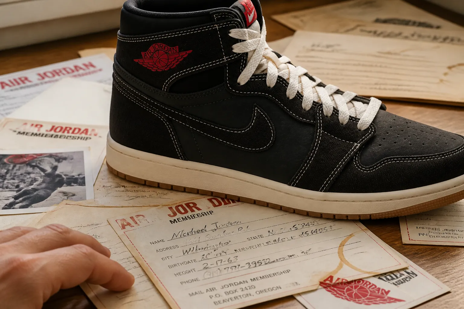 Vintage 1980s Air Jordan Flight Club mail-in membership forms with handwritten addresses and classic Jordan branding