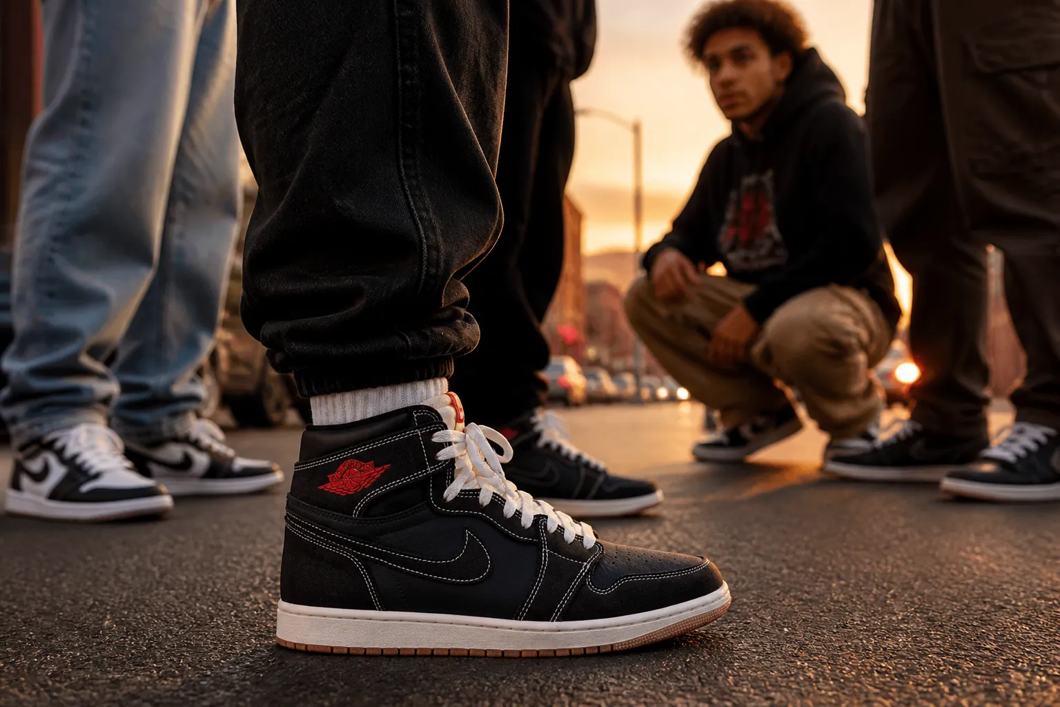 Diverse group of confident young sneakerheads wearing Air Jordans, standing proudly in an urban setting with dramatic sunset lighting
