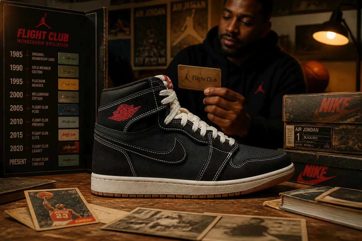 Evolution timeline showing the progression of Flight Club membership from 1985 to present day with vintage Jordan memorabilia