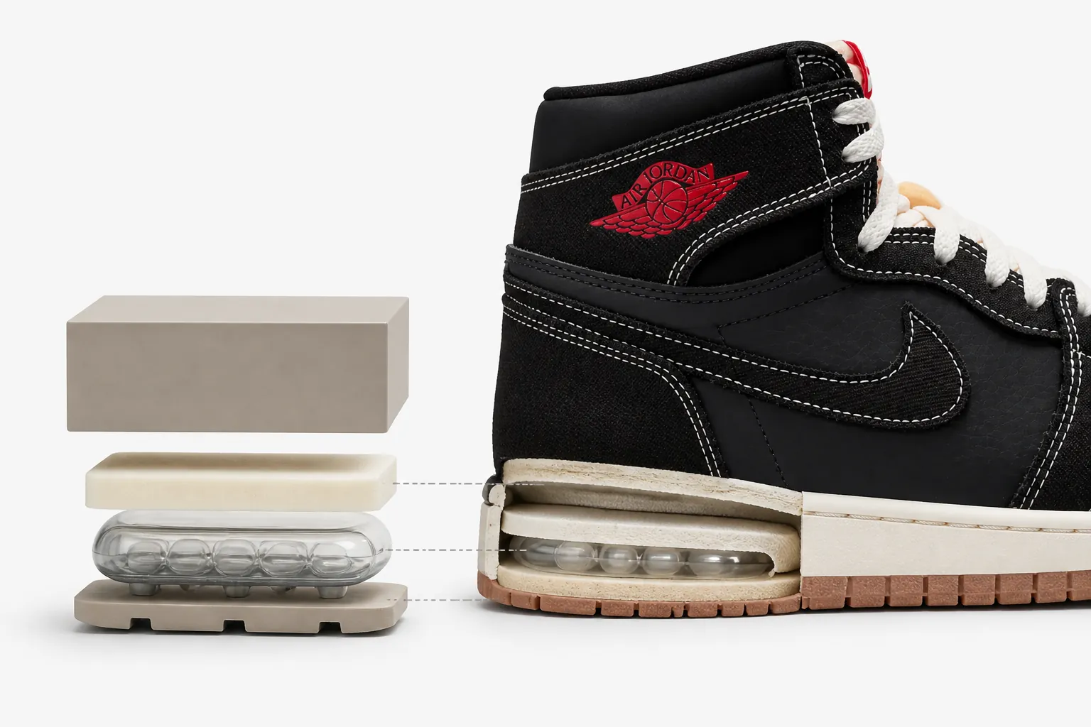 Exploded view diagram showing the encapsulated Nike Air-Sole unit in the heel with detailed cross-section of cushioning technology